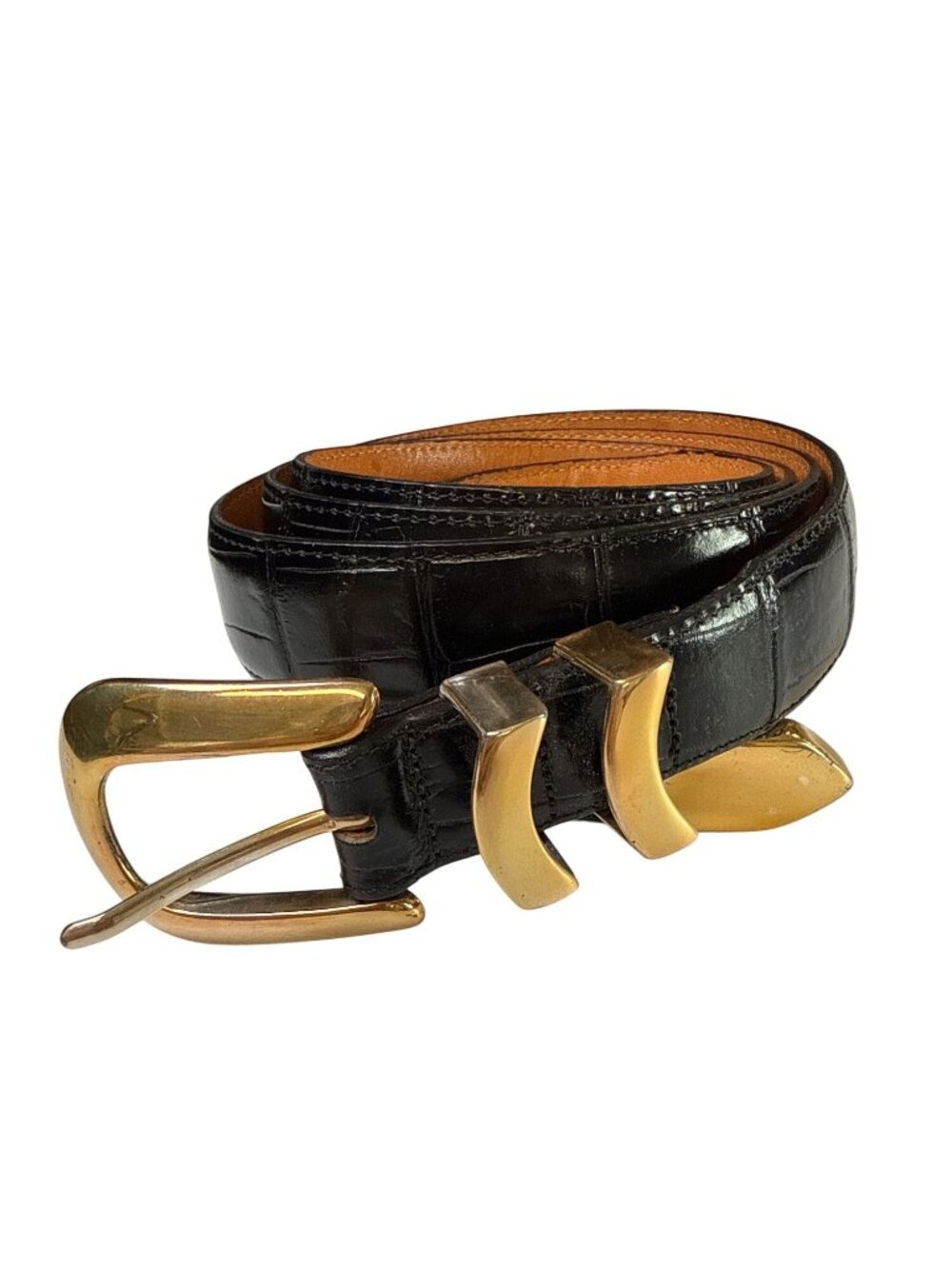 Onyx by Brighton Leather Alligator Style Belt~Size 52~Black w Gold Buckle 90s VG